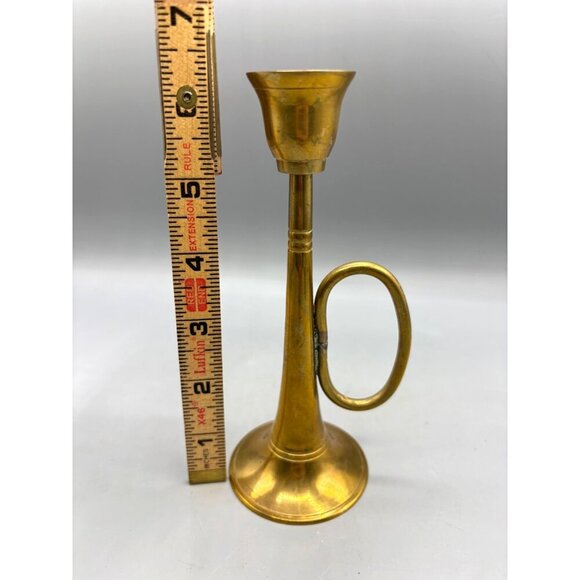 Vintage Brass Horn Candle Holder With Handle Elegant Gold Tapered Design - Picture 7 of 7